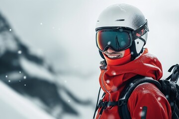 Joyful Skier in Red with Snowfall