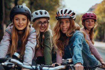 A close-knit group of four smiling women cyclists in safety helmets, enjoying a sun-drenched city...