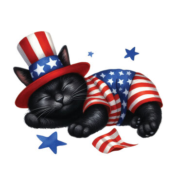 4th of July Patriotic Lazy Black Cat PNG