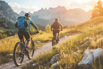 As the day wanes, cyclists are immersed in the warmth of the golden hour, pedaling through a meadow trail with the majestic mountains as their witness.