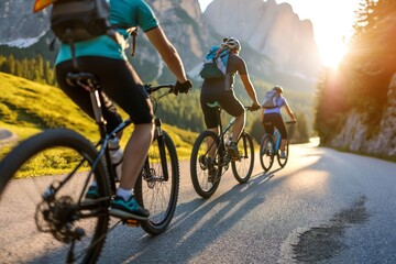 A group of cyclists rides into the sunset on a mountain road, their journey highlighted by the long shadows and soft golden light of the evening.