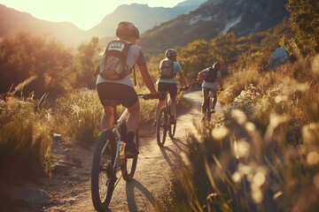 Cyclists navigate a dusty trail at dusk, the fading sunlight casting a warm glow over the landscape, echoing the freedom and camaraderie of the ride. - obrazy, fototapety, plakaty