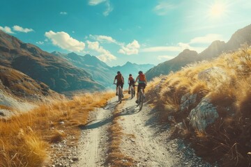 Three cyclists journey along a rugged mountain trail, surrounded by golden tussocks and the stark beauty of the highlands under a clear sky.