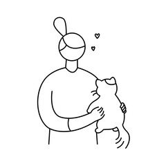 girl playing with her cat (outline)