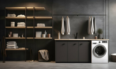 Laundry room interior with washing machines and towels. 3d rendering