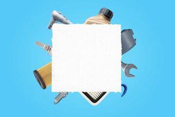 Blank white paper surrounded by car parts and tools. Ideal for car service logo promotion. Template...