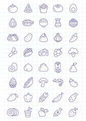 Kawaii food icon set. Collection of cute hand drawn food stickers isolated on a checkered background. Vector 10 EPS.