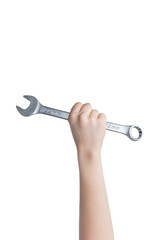 Hand extends wrench high up, transparent. Service and repair concept. Ideal for automotive, mechanical, or maintenance-related promotions