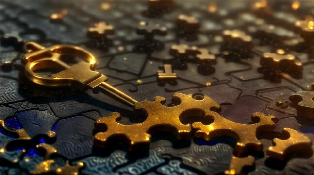An antique golden key lies atop a jigsaw puzzle with selective golden highlights, symbolizing solutions and discovery.