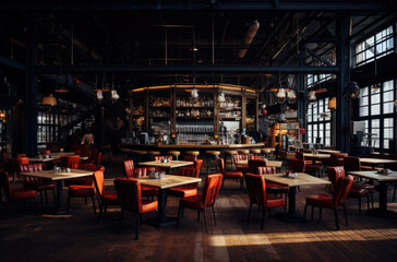 Cozy wooden interior of restaurant, copy space. Comfortable modern dining place, contemporary design background.