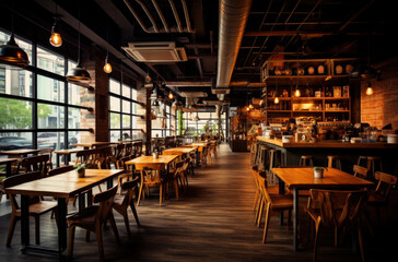 Cozy wooden interior of restaurant, copy space. Comfortable modern dining place, contemporary design background.