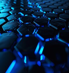Fototapeta premium Close-up view of hexagonal pattern with blue neon lighting, giving a futuristic technology texture.