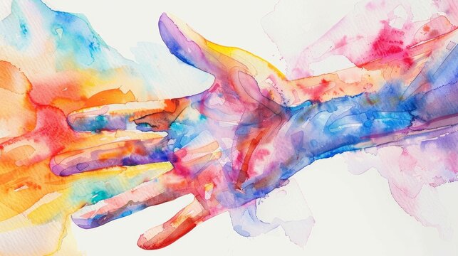 Watercolor painted hands in a vibrant splash of colors