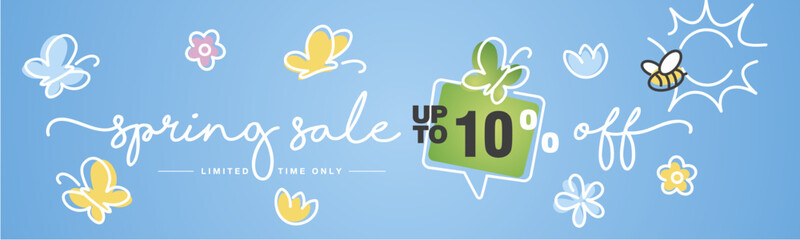Spring Sale up to 10% percent off speech bubble handwritten typography lettering line design colorful flowers butterflies bee and sun blue greeting card - obrazy, fototapety, plakaty