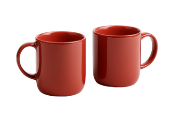 Two Red Coffee Mugs Placed Next to Each Other. On a White or Clear Surface PNG Transparent Background.
