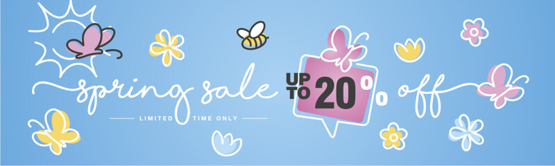 Spring Sale up to 20% percent off speech bubble handwritten typography lettering line design colorful flowers butterflies bee and sun blue greeting card