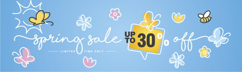 Spring Sale up to 30% percent off speech bubble handwritten typography lettering line design colorful flowers butterflies bee and sun blue greeting card