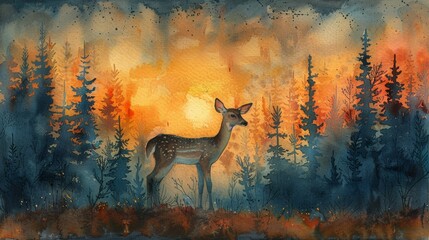 Watercolor painting of a deer in a forest at sunset