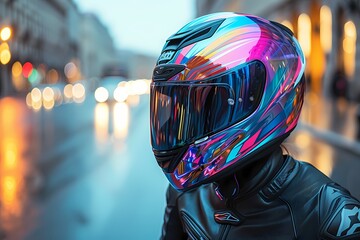 A rider wearing a helmet adorned with vibrant graphics, adding a pop of color to the sport bike's...