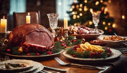 A festive holiday dinner table with a glazed ham centerpiece, surrounded by side dishes and...