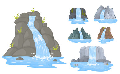 River waterfall falls from cliff on white background. Picturesque tourist attraction with small waterfall and clear water. Cartoon landscapes with mountains and trees. Vector illustration.
