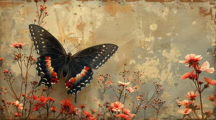 Vintage style butterfly on flowers