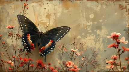 Crédence de cuisine en verre imprimé Papillons en grunge Vintage style butterfly on flowers