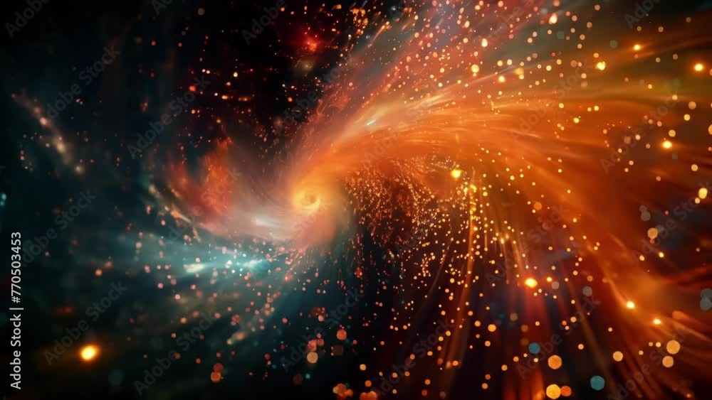 Poster swirls of multicolored sparks rain down in a mesmerizing fiery display.