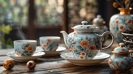 a hand-painted porcelain tea set, its delicate brushstrokes and vibrant colors capturing the...