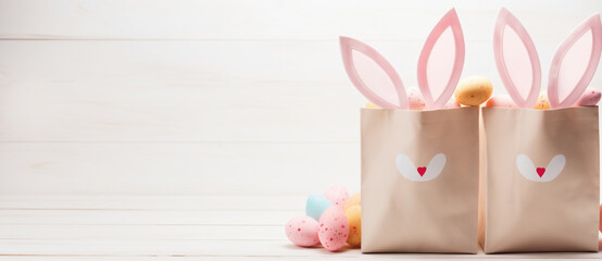 Craft paper bags with bunny ears filled with colorful Easter eggs against a wooden backdrop. Holiday celebration and Easter concept. Festive minimalist banner with copy space.