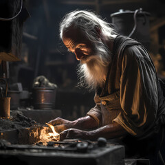 A close-up of a blacksmith at work in a forge. 
