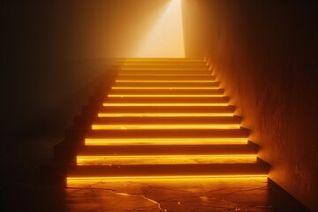  A staircase made of glowing golden bars ascends towards a bright light, showcasing steady progress and reaching ambitious goals. Copy space.