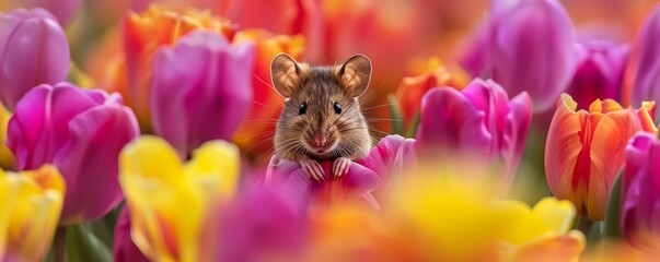 Mouse peeking through colorful tulips - obrazy, fototapety, plakaty