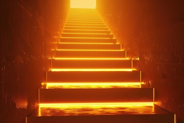  A staircase made of glowing golden bars ascends towards a bright light, showcasing steady progress and reaching ambitious goals. Copy space. - obrazy, fototapety, plakaty