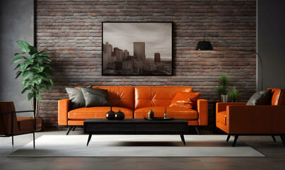 Living room interior with sofa, coffee table and plants. 3d rendering