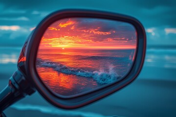 A sport bike's rear view mirror reflecting a picturesque sunset, creating a stunning visual effect
