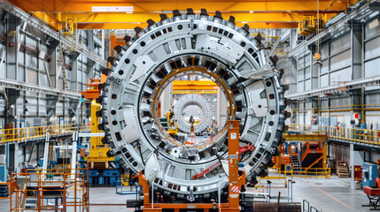 Assembling a large rotary jet engine on a factory floor - obrazy, fototapety, plakaty