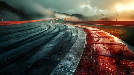 Capture the adrenaline rush of a racing track, with tire marks tracing the paths of blistering speed around each curve. - obrazy, fototapety, plakaty