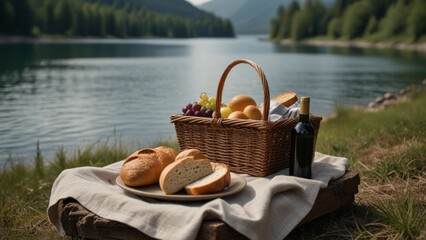 Picnic overlooking the lake with bread and wine and a wicker basket