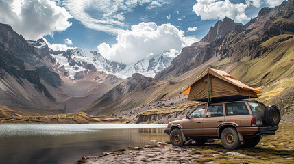 An SUV with a tent on the roof stands on the shore of a lake against the backdrop of a mountainous landscape, personifying the spirit of travel. Offroad travel