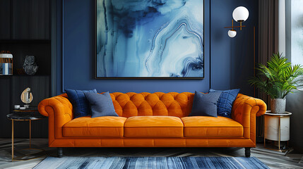 Modern Art Deco living room adorned with an orange sofa and armchair against a dark blue classic wall featuring a marbling poster
