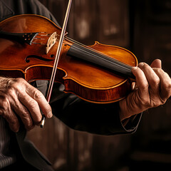 A close-up of a persons hands playing a violin. 