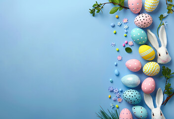 Fototapeta na wymiar Top view illustration of easter bunny ears colorful vivid eggs and sprinkles on isolated light blue background with copy space, leaving space for text or advertising