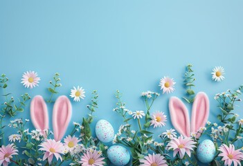 Top view illustration of easter eggs, bunny ears and young chamomile on a serene blue background, easter background with a spot for text or ads