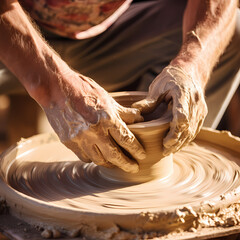 A close-up of a potter shaping clay on a wheel. 