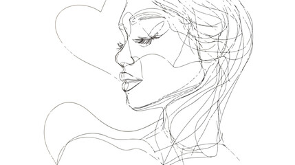Woman silhouette face in shape heart as line drawing