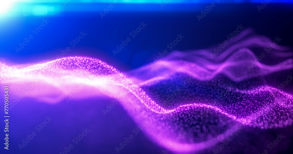Poster purple energy glowing magic waves from particles of lines with light rays. abstract background