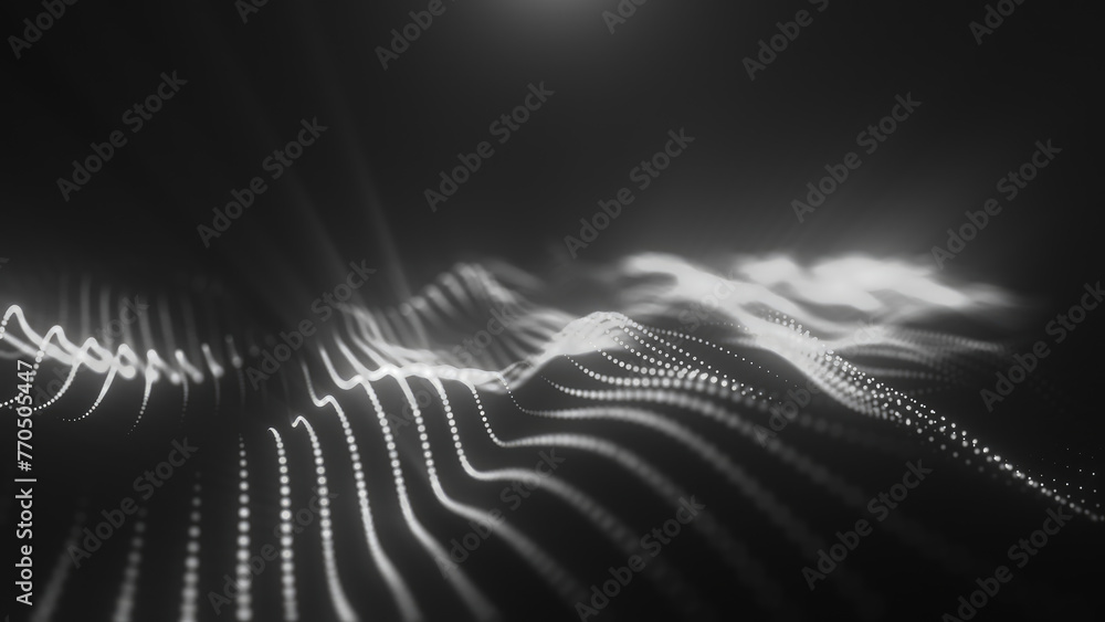 Poster black and white energy magic waves high tech digital iridescent morphing with light rays lines and e