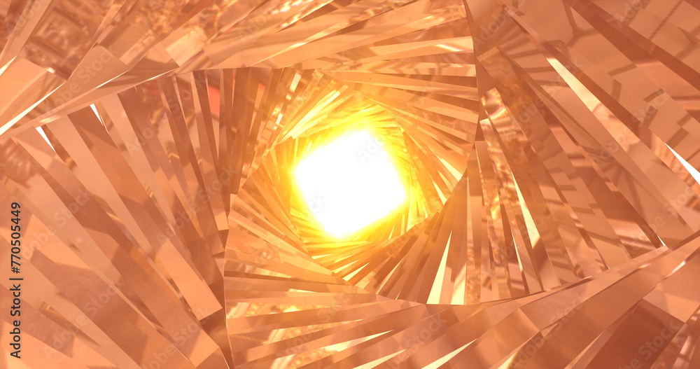 Poster abstract metallic shiny golden yellow polyhedral tunnel frame made of lines of hexagonal edges, mech