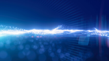 Blue energy glowing magic waves high tech digital iridescent with light rays lines and bokeh energy particles. Abstract background © Bolbik